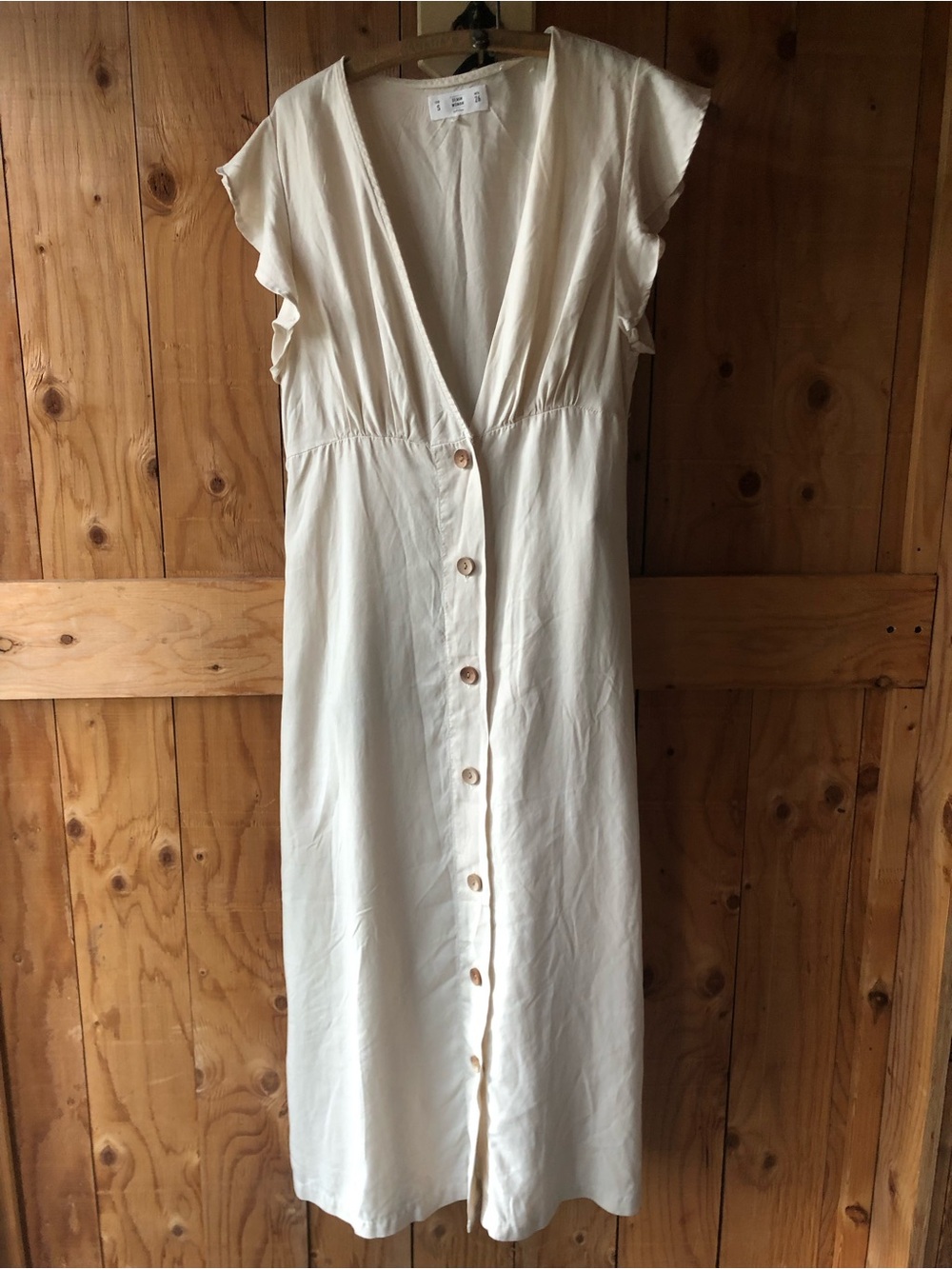 V-Neck Cream Button-Front Midi Dress
